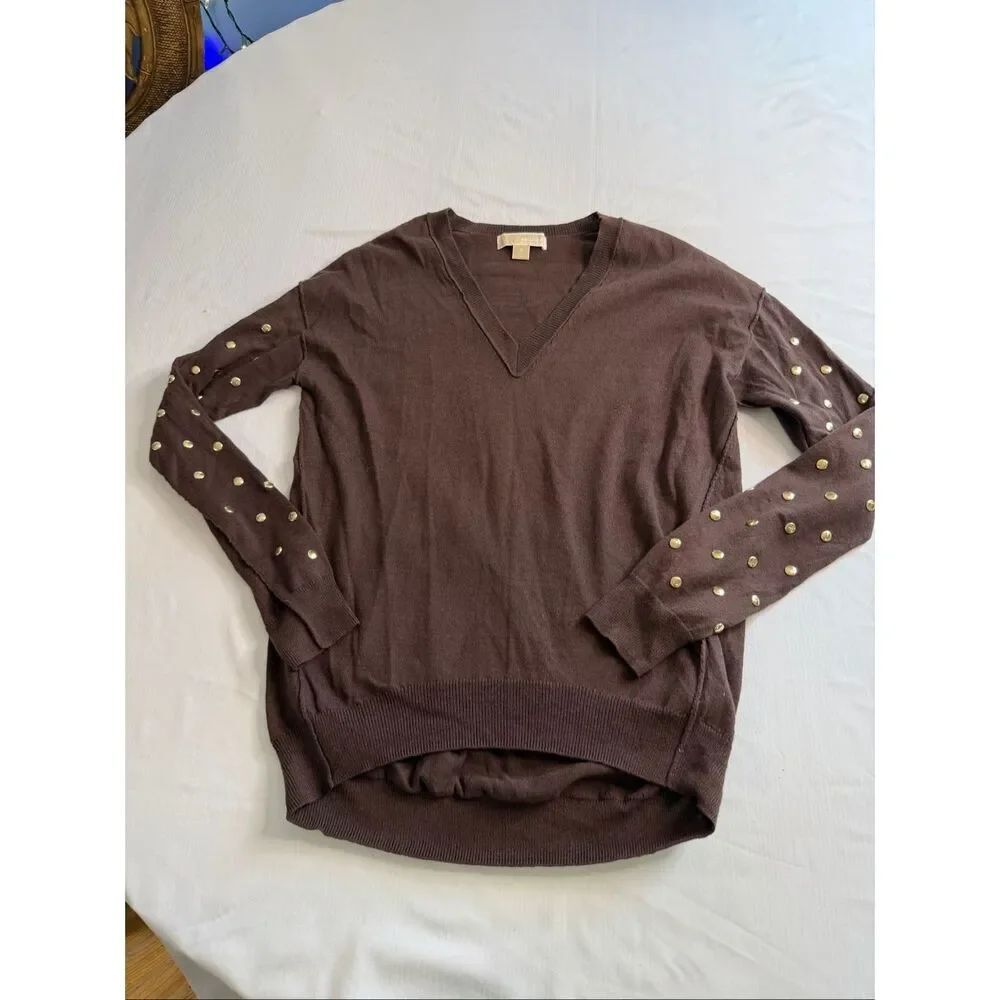Michael Kors Chocolate Brown Gold Studded V Neck Sweater Size Small